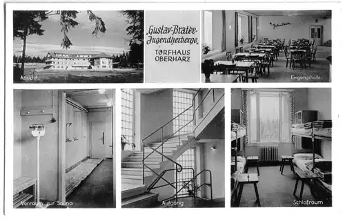 Ansichtskarte, Torfhaus Oberharz, Gustav-Bratke-Jugendherberge, fünf Abb., um 1955