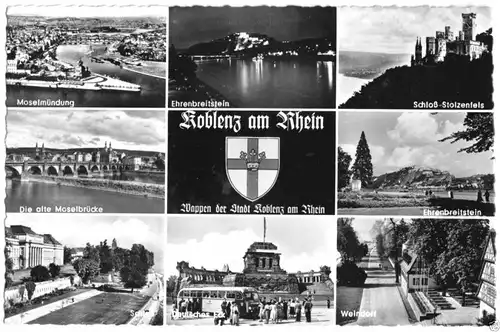 AK, Koblenz am Rhein, acht Abb., gestaltet, Wappen, um 1963