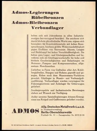 Werbeblatt, Fa. Admos, Berlin Oberschöneweide für Legierungen, 1949