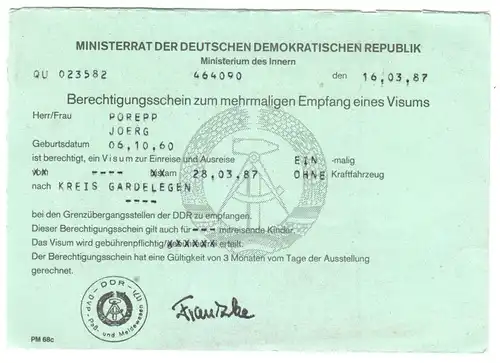 Visaunterlagen zur Einreise in die DDR und Beleg Zwangsumtausch, 1987/89