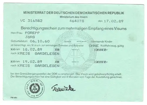 Visaunterlagen zur Einreise in die DDR und Beleg Zwangsumtausch, 1987/89