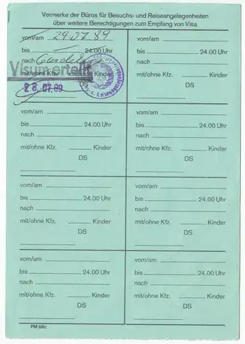 Visaunterlagen zur Einreise in die DDR und Beleg Zwangsumtausch, 1987/89