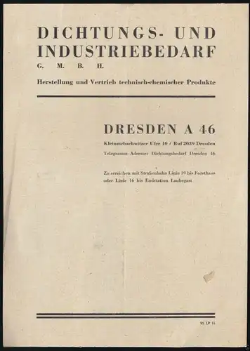 Werbeblatt, Fa. Dichtungs- u. Industriebedarf GmbH, Dresden A 46 für Kitte, 1950