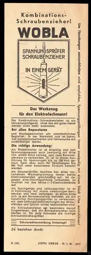 Werbeblatt, Fa. Elektrogeräte Blauert, Halle Saale für Spannungsprüfer "Wobla"