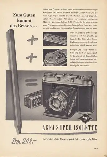 Zeitschriftenwerbung, Fototechnik, Fotoapparate der Fa. AGFA, vier Blatt, 1950er