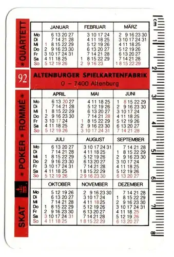 Kalender Scheckkartenformat, 1992, Werbung: Deutsche Reichsbahn