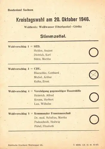 Stimmzettel, Kreistagswahl, Wahlkreis Weißwasser - Görlitz, 20. Oktober 1946