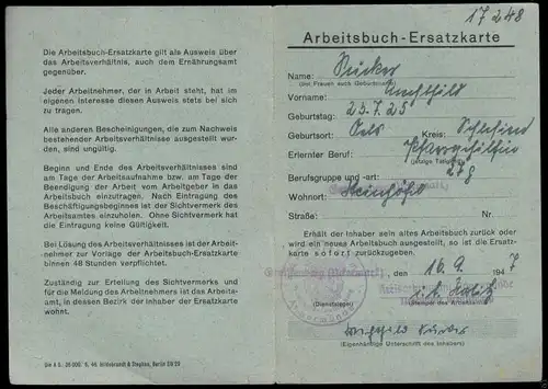 Arbeitsbuch-Ersatzkarte für Pfarrgehilfin, Arbeitsamt Angermünde, 1947