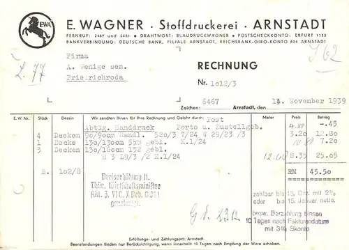 Rechnung, Fa. E. Wagner, Stoffdruckerei, Arnstadt, 1939