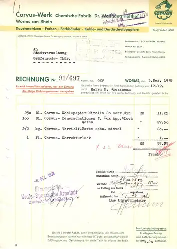 Rechnung, Corvus-Werk, Chemische Fabrik Dr. Wolfgang Holthof, Worms, 3.12.38