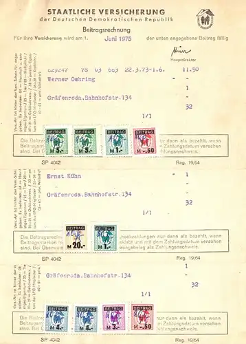 Sieben Beitragsrechnungsblätter der Staatl. Versicherung der DDR m. Marken, 1976