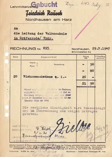 Rechnung, Lehrmittelverlag Friedrich Rausch, Nordhausen, 29.7.47