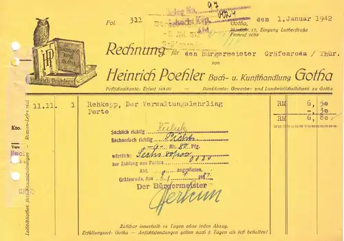 Rechnung, Fa. Heirich Poehler, Buch- und Kunsthandlung Gotha, 1.1.42