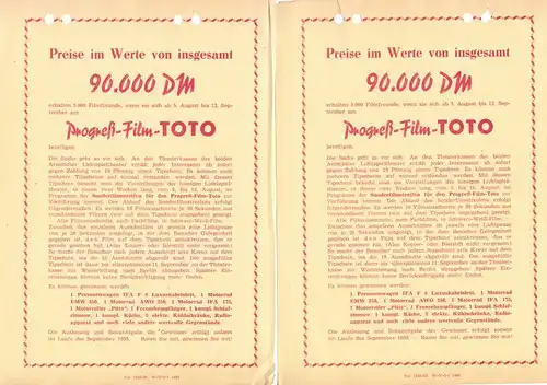 Zwei Abrechnungen, Kulturabgabe eines Kinos, auf Werbblättern Progress-Film-Toto