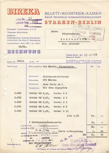 Zwei Rechnungen, Fa. Bireka, Billett-Registrier-Kassen, Berlin Staaken, 1938/40