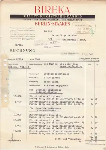 Zwei Rechnungen, Fa. Bireka, Billett-Registrier-Kassen, Berlin Staaken, 1938/40