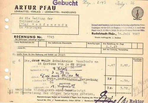 Rechnung, Fa. Artur Pfau, Lehrmittel-Verlag, Rudolstadt, 10.07.1947