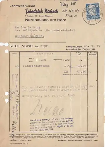 Rechnung, Lehrmittelverlag Friedrich Rausch, Nordhausen, 15.9.1949