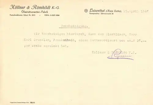 Verdienstbescheinigung, Fa. Köllner & Römhildt KG, Luisenthal, 15.04.1946