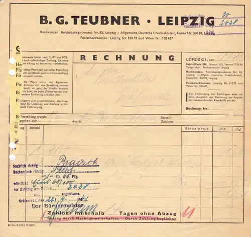 Zwei Rechnungen, B. G. Teubner Verlag, Leipzig, 5.4.41 bzw. 10.4.43