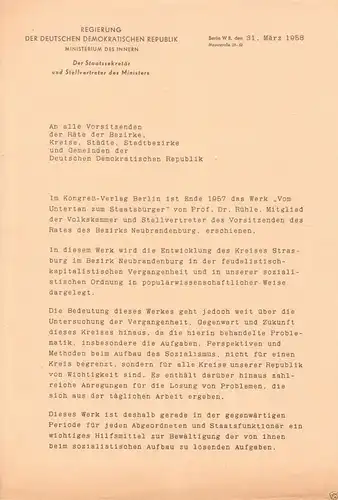 Schreiben des Stellv. Ministers der Innern zur Werbung für ein Buch, 1958