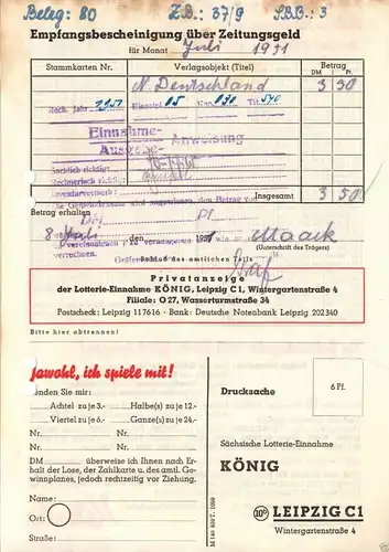 Empfangsbescheinigung Zeitungsgeld, Neues Deutschland, Juli 1951