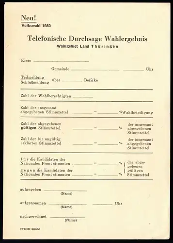 Volkswahl, DDR 1950, Vordruck zur "Telefonischen Durchsage Wahlergebnis", blanko