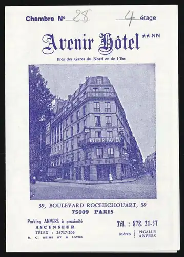 Hotel-Karte, Paris, Avenier Hotel, 39 Boulevard Rochechouart, um 1980