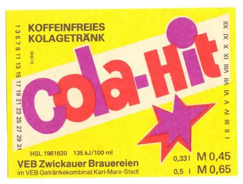 Etikett, Cola-Hit, Koffeinfreies Kolagetränk, VEB Zwickauer Brauereien, 1970er