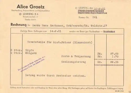 Rechnung und Preisliste, Fa. Alice Graetz, Leipzig S 3, Haarhandlung, 20.9.1951