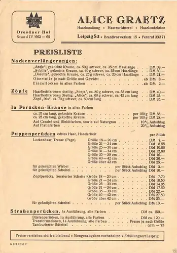 Rechnung und Preisliste, Fa. Alice Graetz, Leipzig S 3, Haarhandlung, 20.9.1951