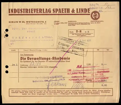 Rechnung, Industrieverlag Spaeth & Linde, Berlin W 35, 2.6.1936