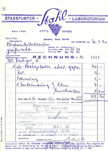 Rechnung, Otto Junge, Stassfurter Stahl-Laboratorium, 30.1.90