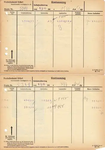 Sieben Kontoauszüge, Postscheckamt Erfurt, 1942/43, rückseitg Werbung