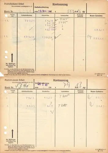 Sieben Kontoauszüge, Postscheckamt Erfurt, 1942/43, rückseitg Werbung