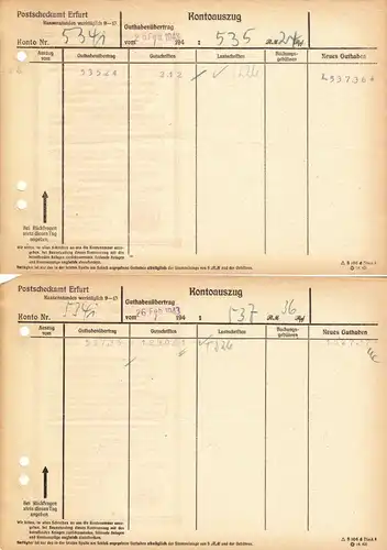 Sieben Kontoauszüge, Postscheckamt Erfurt, 1942/43, rückseitg Werbung