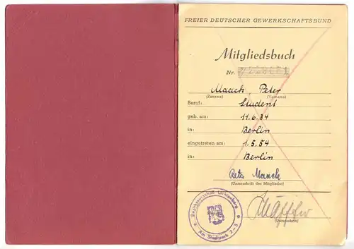 FDGB der DDR, frühes Mitgliedsbuch mit Beitragsmarken 1954