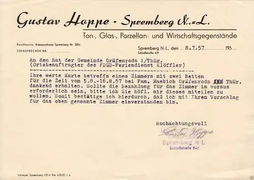 Anschreiben, Fa. Gustav Hoppe, Spremberg, bzgl. Ferienplatz, 8.7.57
