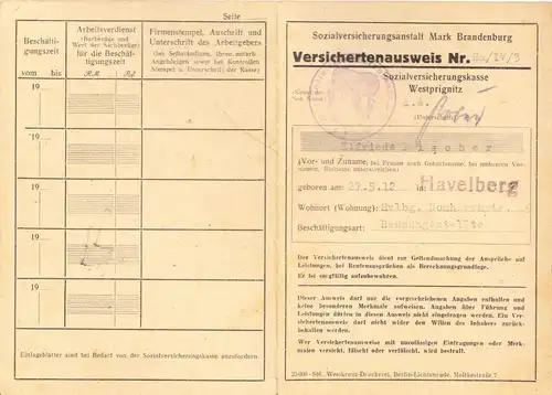 SVK Brandenburg, Westprignitz, Havelberg, Ausweis mit Dienstsiegeln, 1946-1948