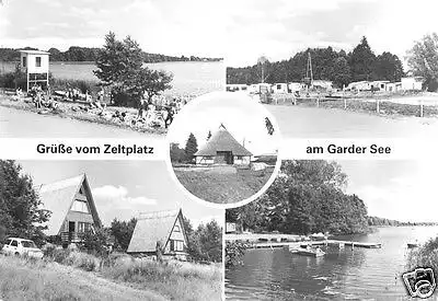 AK, Lohmen Kr. Güstrow, Grüße vom Zeltplatz am Garder See, fünf Abb., 1982