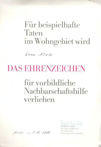 Urkunde zum Ehrenzeichen für vorbildliche Nachbarschaftshilfe, Suhl, 7.10.1986