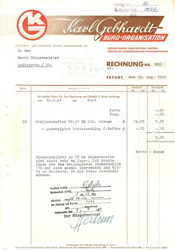 Rechnung, Fa. Karl Gebhardt Büro-Organisation, Erfurt, 19.8.41