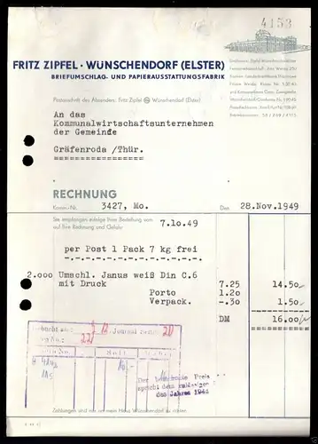 Rechnung, Fa. Fritz Zipfel, Wünschendorf Elster, Papierausstattungsfabrik, 1949