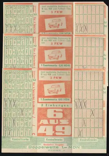 Drei Tippscheine des Lottos 6 aus 49, angekreuzt, aber nicht abgegeben, 1964