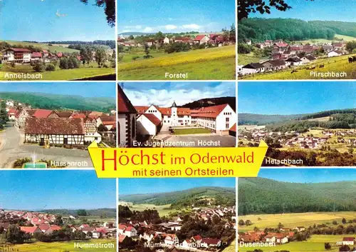 Ansichtskarte, Höchst im Odenwald mit seinen Ortsteilen, neun Abb., um 1977