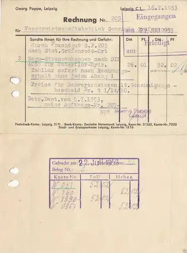 Rechnung, Fa. Georg Poppe, Röhren - Formstücke - Armaturen, Leipzig C 1, 16.7.53