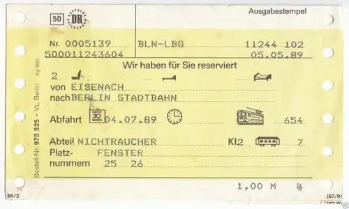 Reservierungskarte, Deutsche Reichsbahn, Eisenach - Berlin Stadtb, 5.5.89