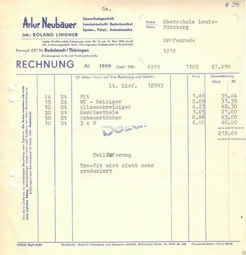 Rechnung, Fa. Artur Neubauer, Rudolstadt Thüringen, um 1965