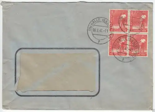 Bedarfsbrief, Einheitsausgaben, Michel  945, Viererblock, Halle (Saale), 6.8.47