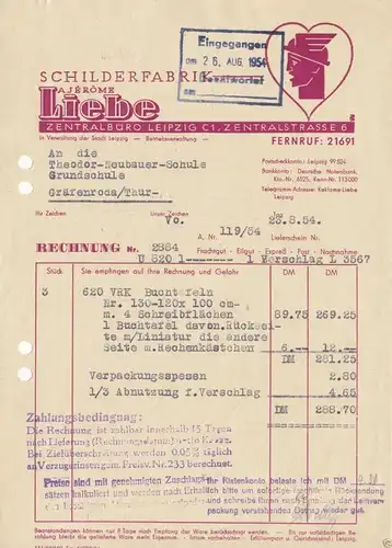 Rechnung, Schilderfabrik A. Jérome Liebe, Leipzig C 1, 23.8.54